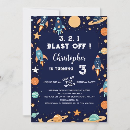 宇宙ロケット惑星海軍ブルー誕生日 招待状 (正面)