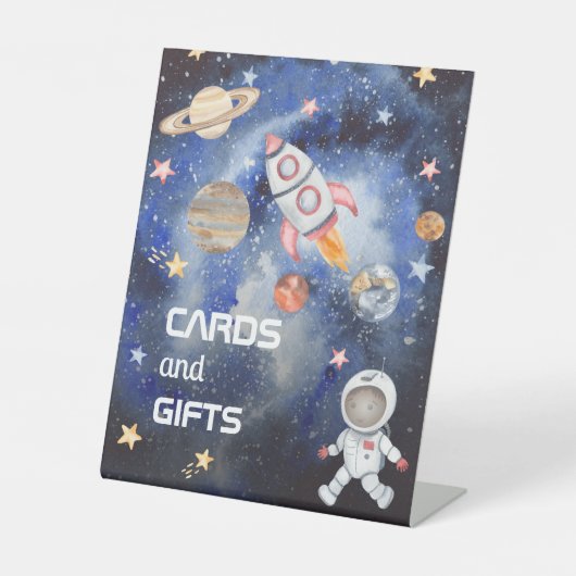 宇宙ロケット惑星赤ちゃんシャワーカードとギフト 台座サイン (正面)