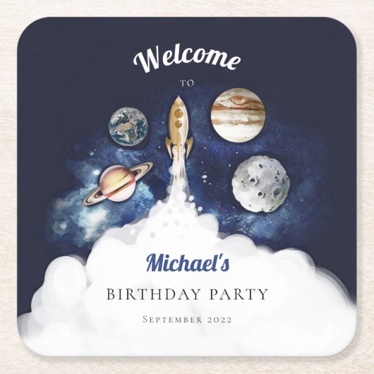 宇宙ロケット惑星銀河系紙プレート スクエアペーパーコースター (正面)