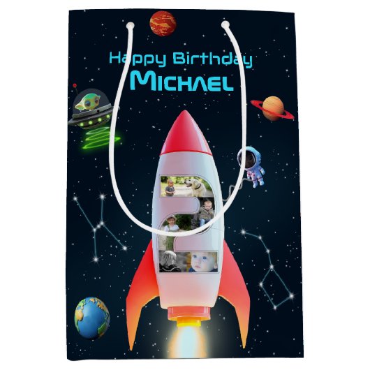 宇宙ロケット第2の誕生日 | 巨大な2つのフォトコラージュ ミディアムペーパーバッグ (正面)