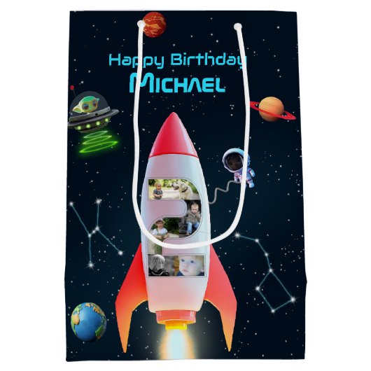 宇宙ロケット第2の誕生日 | 巨大な2つのフォトコラージュ ミディアムペーパーバッグ (裏面)