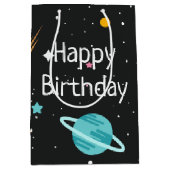 宇宙ロケット船と惑星オンブラック ミディアムペーパーバッグ (正面)