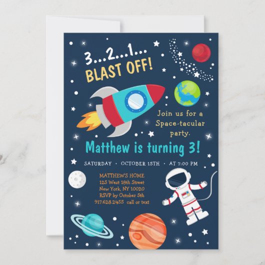 宇宙ロケット船ブラストオフ誕生日 招待状 (正面)