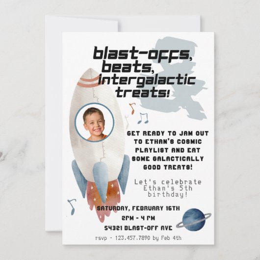 宇宙ロケット船宇宙飛行士撮影誕生日 招待状 (正面)