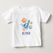 宇宙ロケット船男の子の誕生日パーティー ベビーTシャツ (正面)