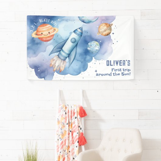 宇宙ロケット船男の子の誕生日パーティー 横断幕 (インサイチュ)