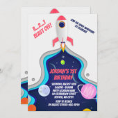 宇宙ロケット船誕生日パーティー 招待状 (正面/裏面)