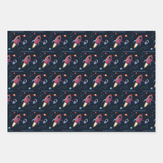 宇宙ロケット船 | UFOエイリアン誕生日 ラッピングペーパーシート (正面)