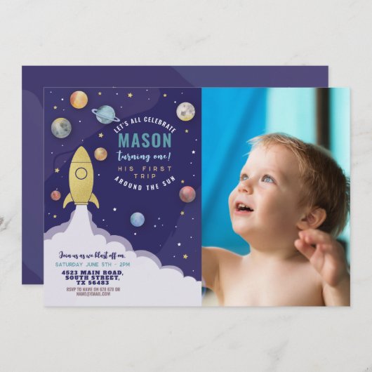 宇宙ロケット1日誕生日第一日日日撮影 招待状 (正面/裏面)