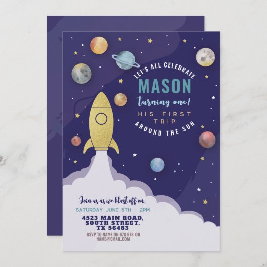 宇宙ロケット1stバースデーファーストリップサンムーン 招待状 (正面/裏面)