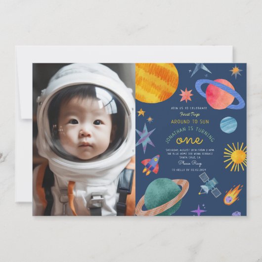 宇宙一周記念！宇宙飛行士の1歳の誕生日 招待状 (正面)