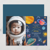 宇宙一周記念！宇宙飛行士の1歳の誕生日 招待状 (正面/裏面)