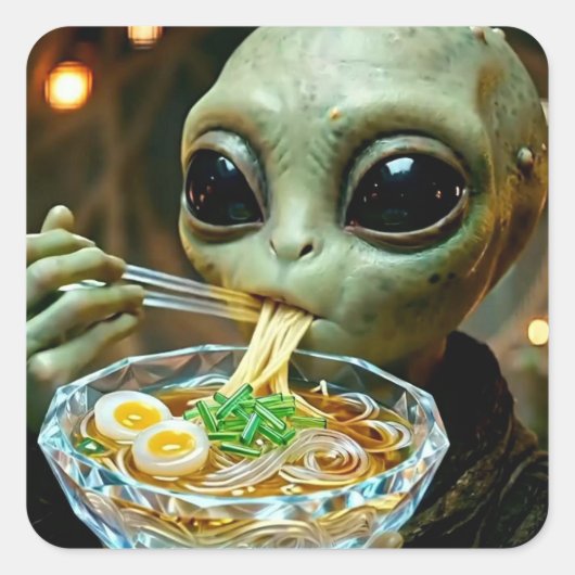 宇宙人がラーメンを食べる面白いデザイン スクエアシール (正面)
