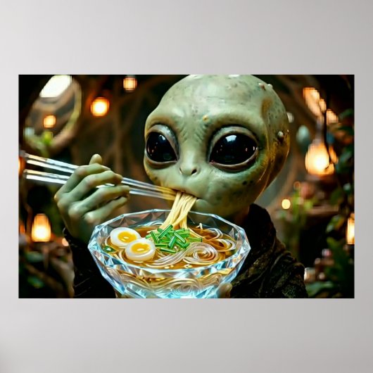 宇宙人がラーメンを食べる面白いデザイン ポスター (正面)