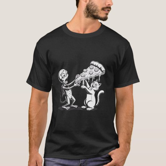 宇宙人とピザを食べる猫 楽しい宇宙のデザイン メンズ レディース Tシャツ (正面)
