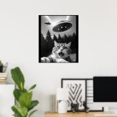 宇宙人と写った猫の自撮り面白写真 ポスター (ホームオフィス)