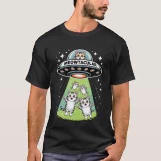 宇宙人にさらわれたネコ 宇宙とネコの面白いデザイン Tシャツ