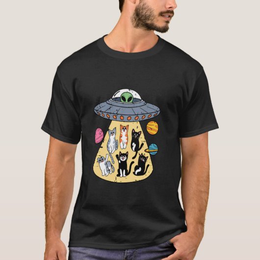 宇宙人にさらわれた猫と惑星 楽しい Tシャツ (正面)