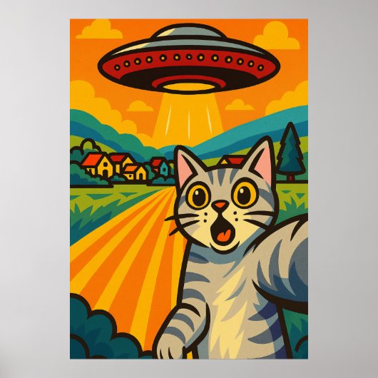 宇宙人にさらわれる猫の面白いレトロポップアート ポスター (正面)