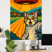 宇宙人にさらわれる猫の面白いレトロポップアート ポスター (ホームオフィス)