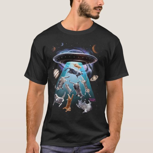 宇宙人に猫がUFOにさらわれる Tシャツ (正面)