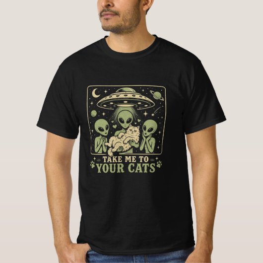 宇宙人に猫を渡そう - かわいいエイリアンの誘拐デザイン Tシャツ (正面)