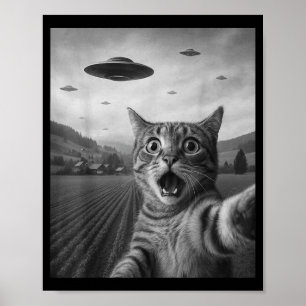 宇宙人に驚くエド猫の自撮り UFOと猫 ポスター