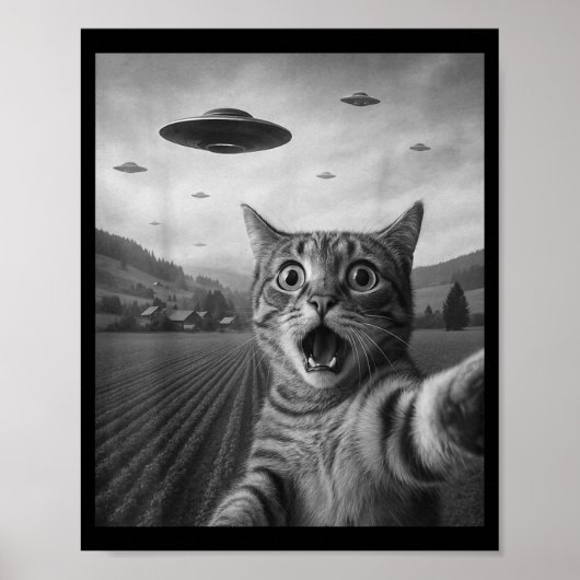 宇宙人に驚くエド猫の自撮り UFOと猫 ポスター (正面)