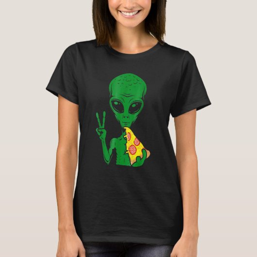 宇宙人の頭部がピザを食べるUFOエイリアン Tシャツ (正面)