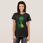 宇宙人の頭部がピザを食べるUFOエイリアン Tシャツ (正面フル)