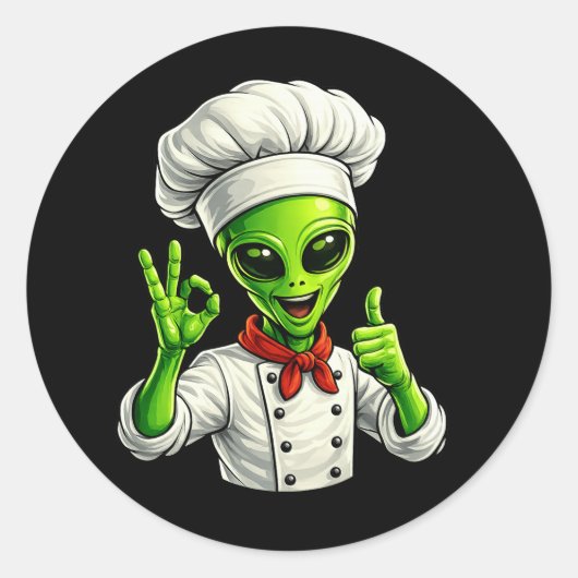 宇宙人シェフの面白いデザイン 料理好きなキュートな宇宙人シェフ ラウンドシール (正面)