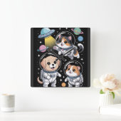 宇宙仲間 – かわいい宇宙飛行士の動物が探検 スクエア壁時計 (ホーム)