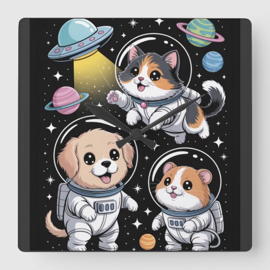 宇宙仲間 – かわいい宇宙飛行士の動物が探検 スクエア壁時計 (正面)
