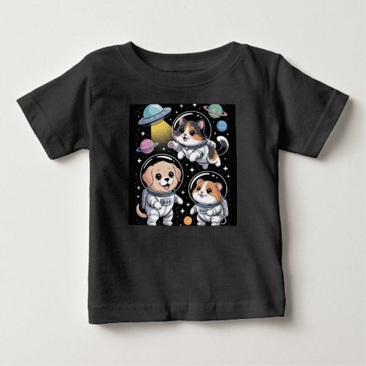 宇宙仲間 – かわいい宇宙飛行士の動物が探検 ベビーTシャツ (正面)