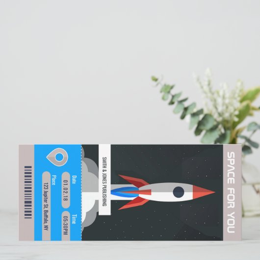 宇宙企業のをテーマにしたパーティー旅行チケット招待状 招待状 (スタンド正面)