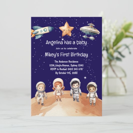 宇宙冒険 | 子供の誕生日パーティーへの招待 招待状 (スタンド正面)
