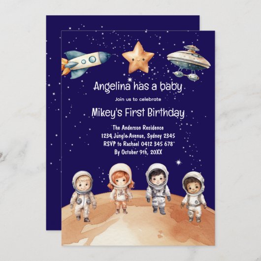 宇宙冒険 | 子供の誕生日パーティーへの招待 招待状 (正面/裏面)