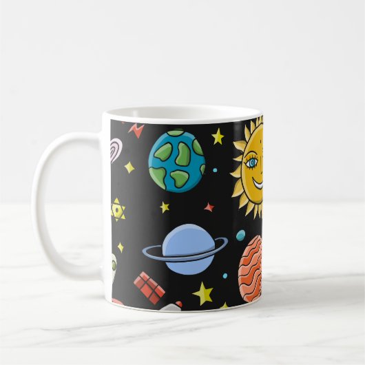 宇宙冒険:惑星、ロケット模様。 コーヒーマグカップ (左)