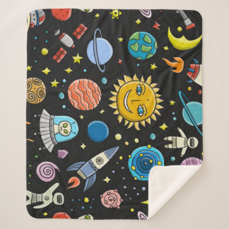 宇宙冒険：惑星、ロケット模様。 シェルパブランケット