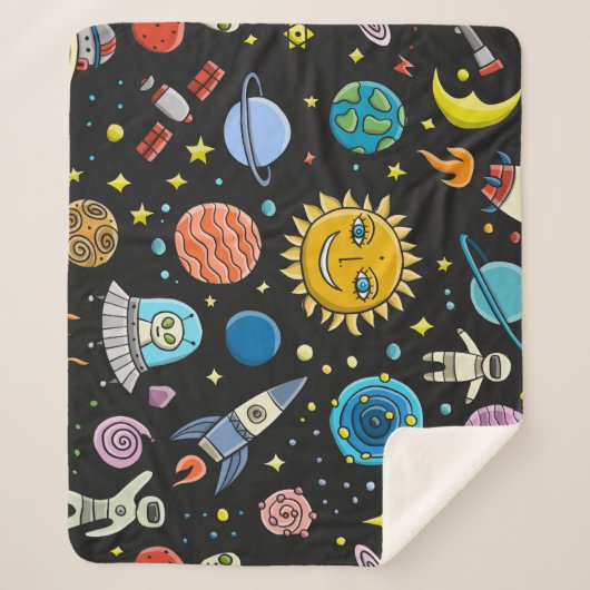 宇宙冒険：惑星、ロケット模様。 シェルパブランケット (正面)