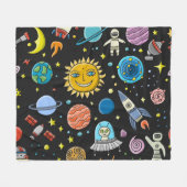 宇宙冒険：惑星、ロケット模様。 フリースブランケット (正面(横))