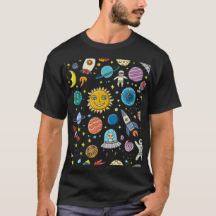 宇宙冒険:惑星、ロケット模様。 Tシャツ
