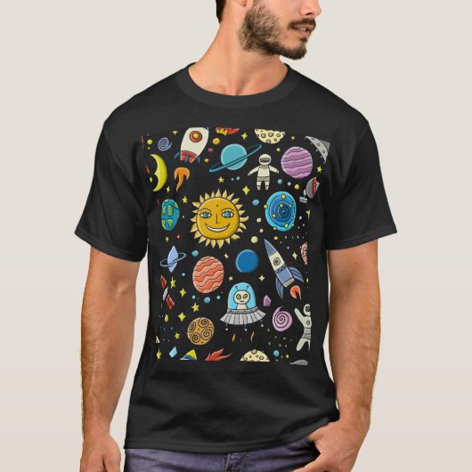 宇宙冒険:惑星、ロケット模様。 Tシャツ (正面)