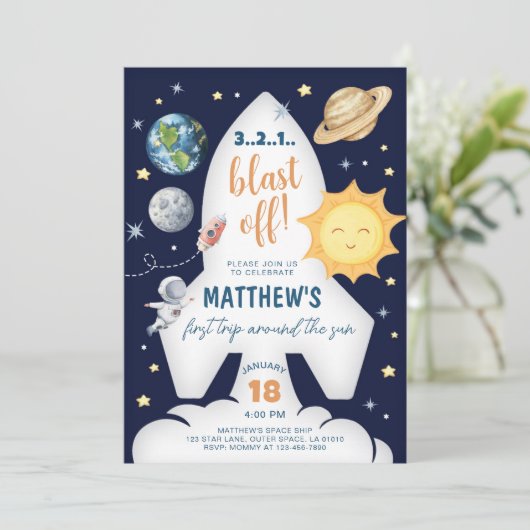 宇宙初の旅のまわりに行サンボーイ誕生日 招待状 (スタンド正面)