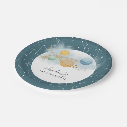 宇宙初の旅の日のまわりに誕生日 ペーパープレート (アングル)