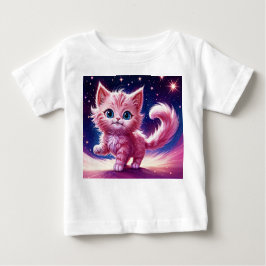 宇宙動物ピンク猫のモダンスタイル ベビーTシャツ