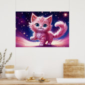 宇宙動物ピンク猫のモダンスタイル ポスター (キッチン)