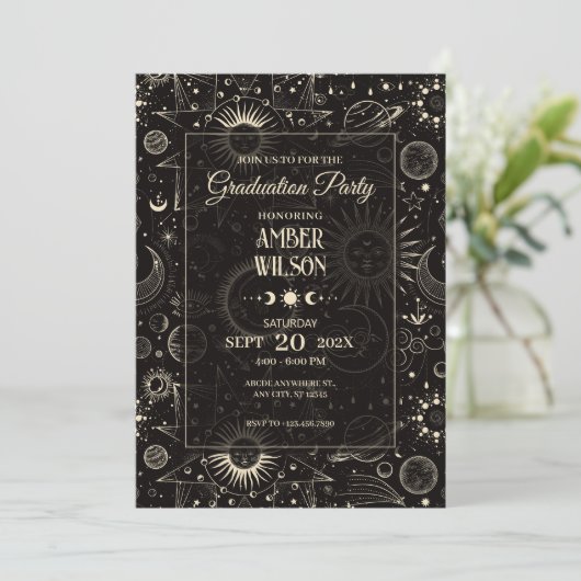 宇宙占星術の神秘的な月日の卒業 招待状 (スタンド正面)