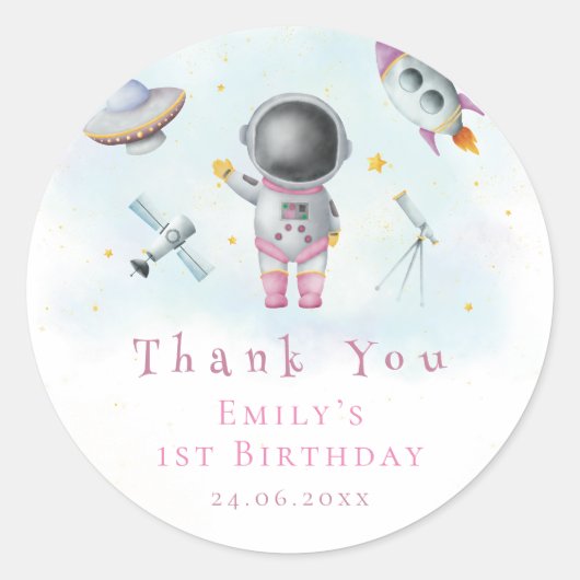 宇宙女子ピンクのロケットスター宇宙飛行士1st誕生日 ラウンドシール (正面)