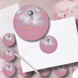 宇宙女子ピンクのロケットスター宇宙飛行士1st誕生日 ラウンドシール